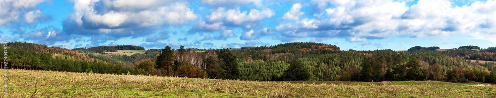 Panoramic view of the landscape in the Czech Republic near the town of Tisnov. Horned landscape. Holiday in the countryside.