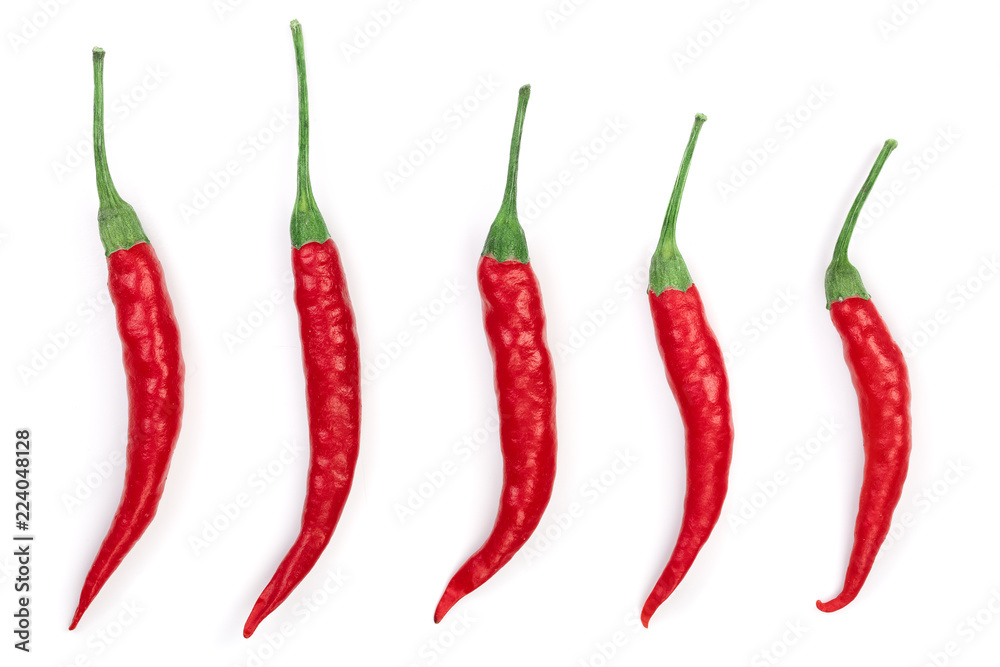 red hot chili peppers isolated on white background. Top view. Flat lay pattern. Set or collection
