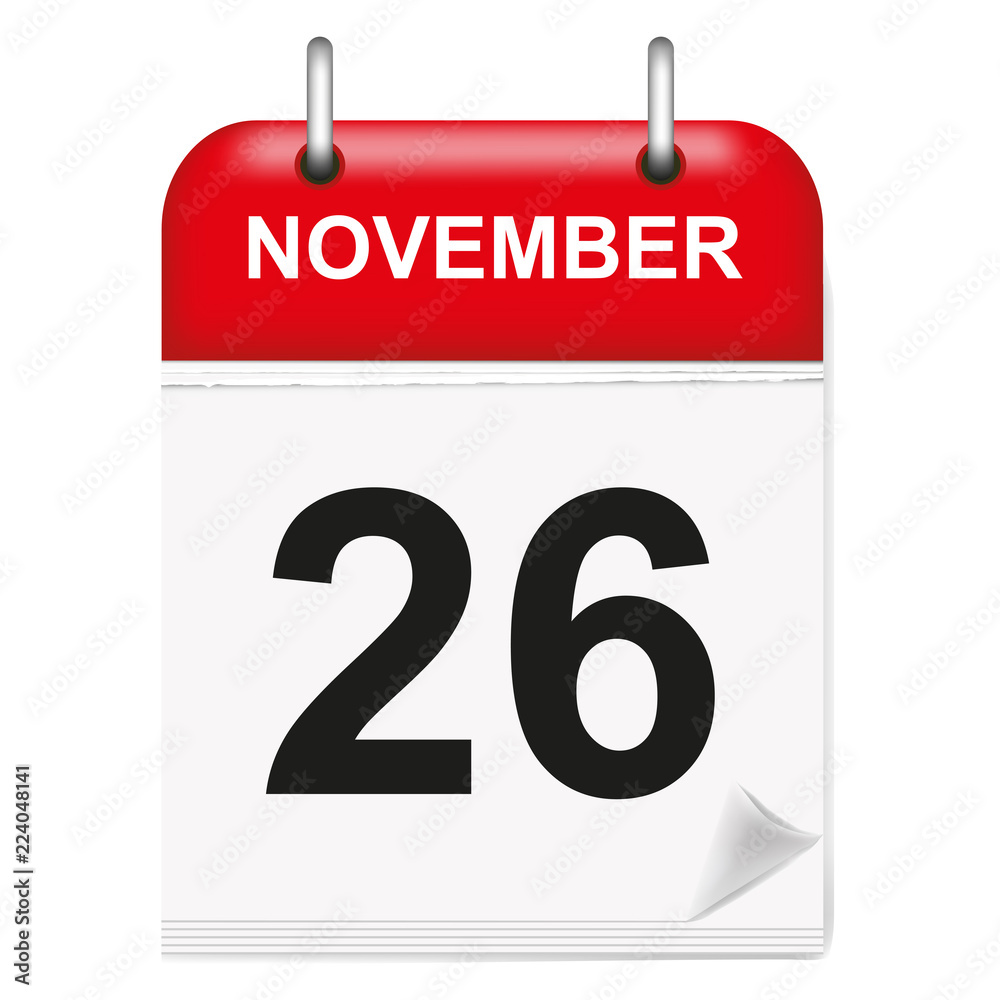 Fototapeta premium Daily single-leaf calendar, red spine, 3d, month of November,twenty-sixth,26th