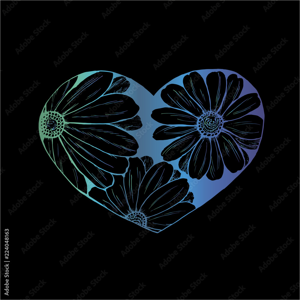 Neon illustration of a bouquet of chamomiles in the heart. Everything is love Neon illustration of a bouquet of chamomiles in the heart. Everything is love