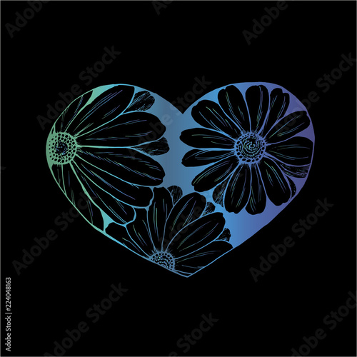 Neon illustration of a bouquet of chamomiles in the heart. Everything is love