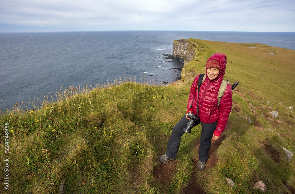 Female Hiker at Látrabjarg Cliffs in Iceland