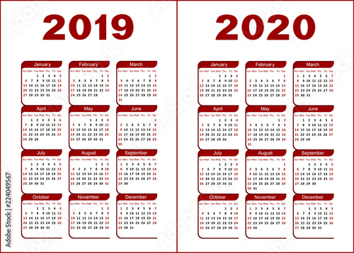 Calendar for 2019, 2020. Red and black letters and figures on a white background. 