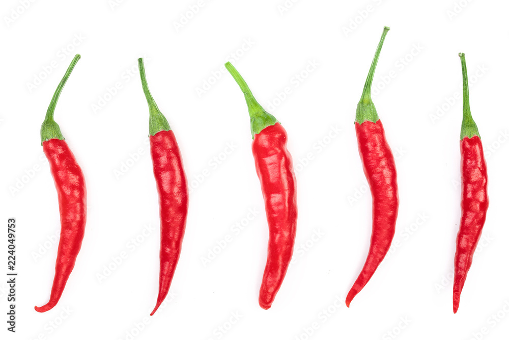 red hot chili peppers isolated on white background. Top view. Flat lay pattern. Set or collection