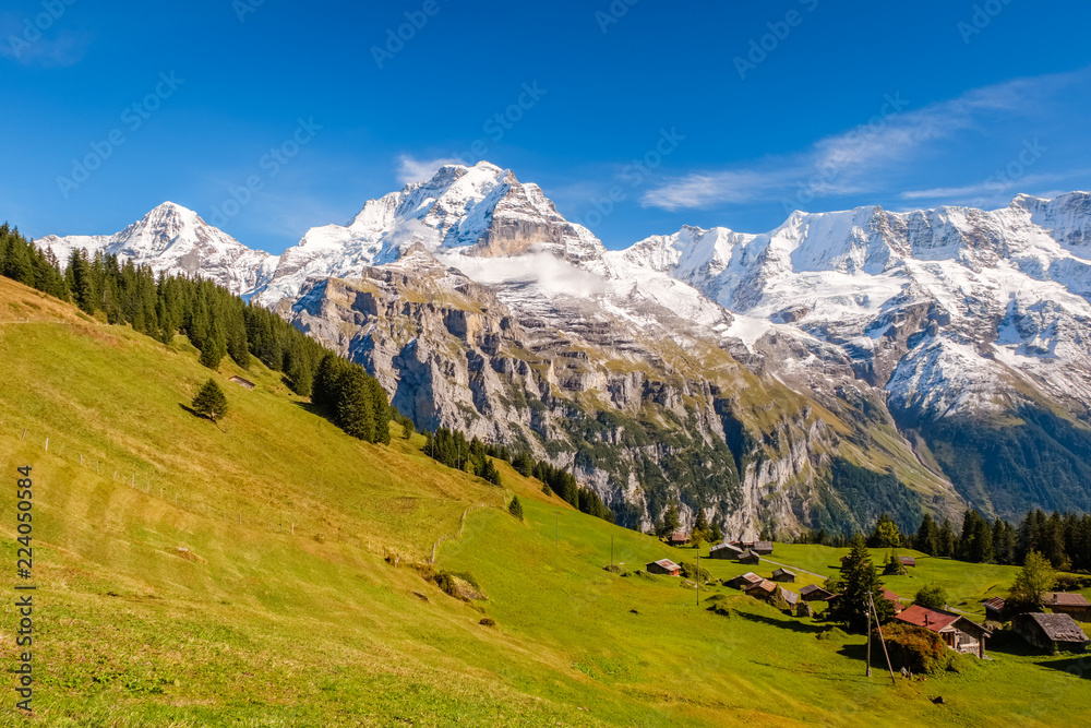 Spectacular mountain views between Murren and Allmendhubel (Berner Oberland, Switzerland). Murren is a traditional mountain village and is unreachable by public road.