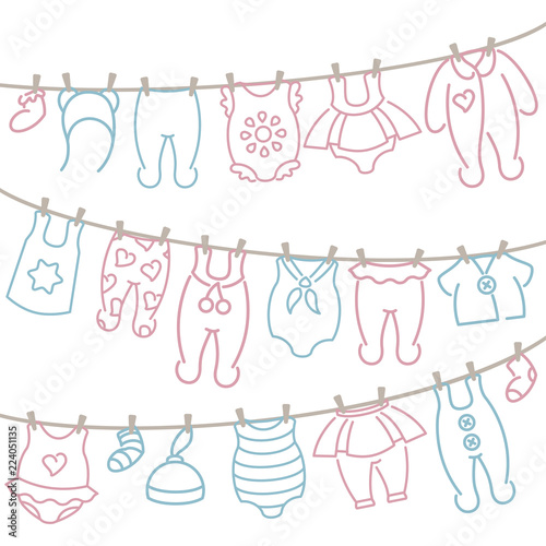 Baby clothing hanging on rope after washing. Linear style vector illustration