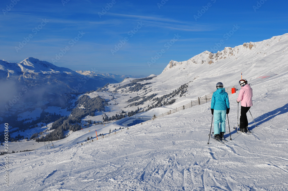 Panoramic swiss alps mountain view from Rothorn ski area at the famous Swiss Alps Wintersport region Lenzerheide