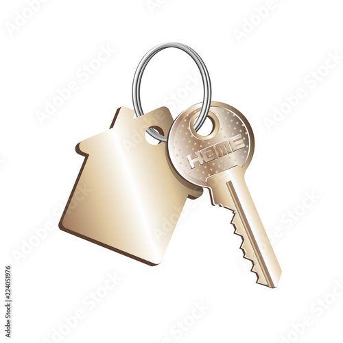 Key house on the ring with a key fob, rental of property, concept of sale purchase of real estate