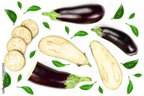 eggplant or aubergine isolated on white background. Top view. Flat lay pattern
