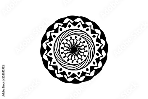 Black indian mandala on white background. Raster mandala decor. Futuristic stamp template