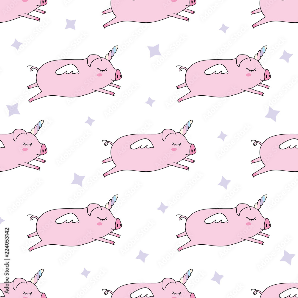 Seamless pattern background. Cute pig as pegasus and unicorn. Seamless pattern background. Cute pig as pegasus and unicorn.