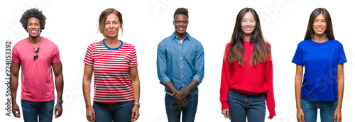 Composition of african american, hispanic and chinese group of people over isolated white background with a happy and cool smile on face. Lucky person.