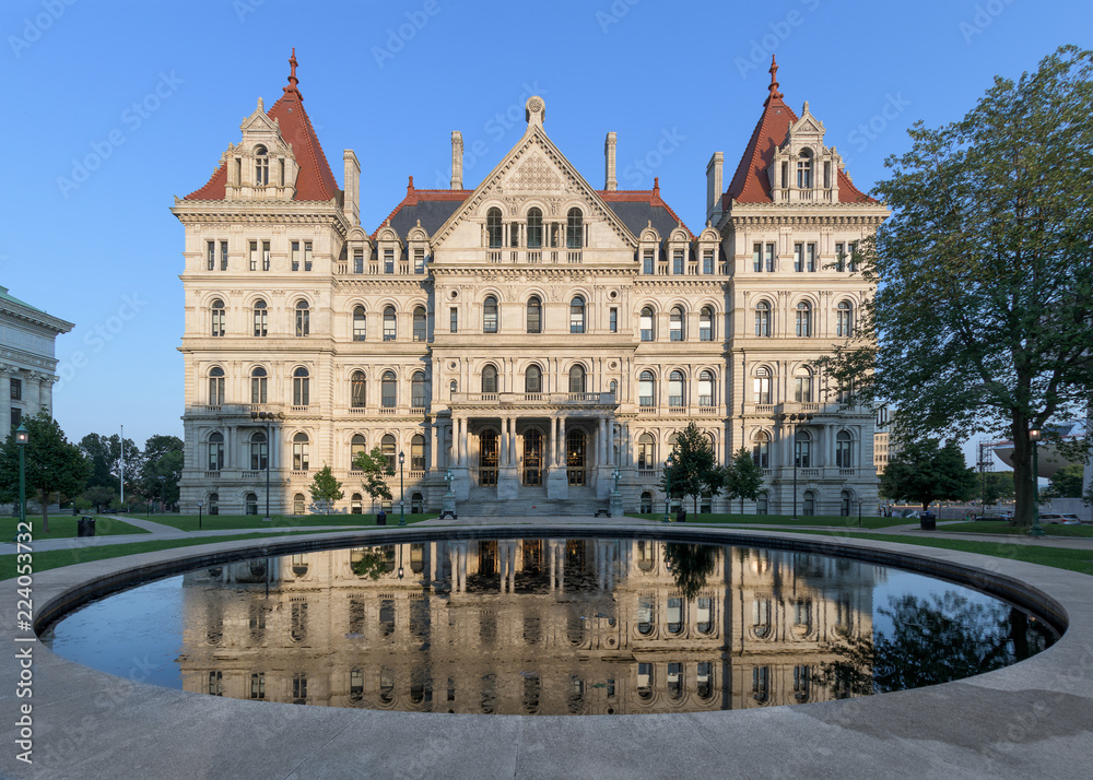 New York State Capitol and its reflection from West Capitol Park in Albany, New York