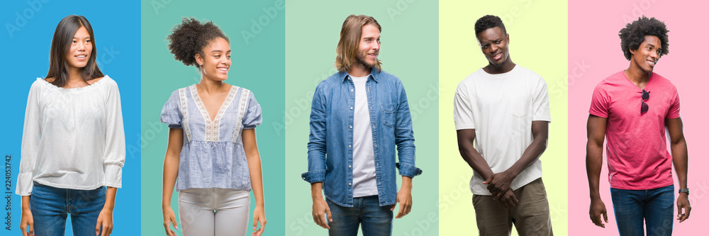 Composition of african american, hispanic and chinese group of people over vintage color background looking away to side with smile on face, natural expression. Laughing confident. Composition of african american, hispanic and chinese group of people over vintage color background looking away to side with smile on face, natural expression. Laughing confident.