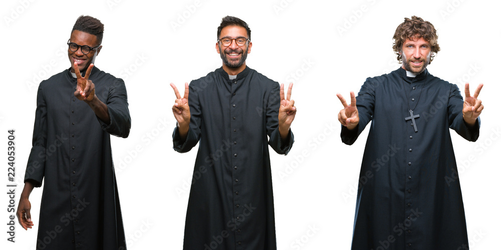 Collage of christian priest men over isolated background smiling looking to the camera showing fingers doing victory sign. Number two. Collage of christian priest men over isolated background smiling looking to the camera showing fingers doing victory sign. Number two.