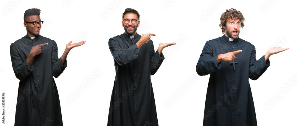 Collage of christian priest men over isolated background amazed and smiling to the camera while presenting with hand and pointing with finger.