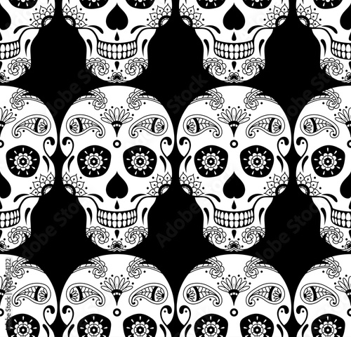 Vector seamless pattern of white sugar skull with floral ethnic ornament on black background. Illustration for Mexican Day of the Dead