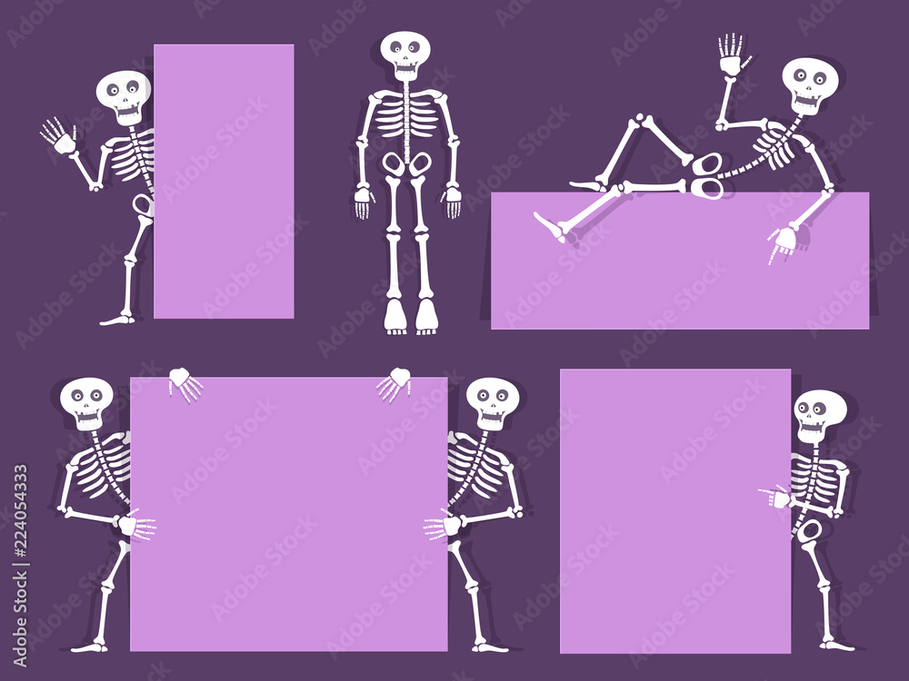 Cartoon skeleton vector bony character with banners and flyers. Paper ...