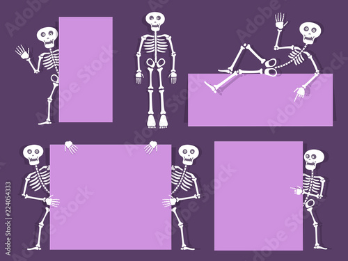 Cartoon skeleton vector bony character with banners and flyers. Paper cut out style design. Day of the dead invitation background. Vector illustration.