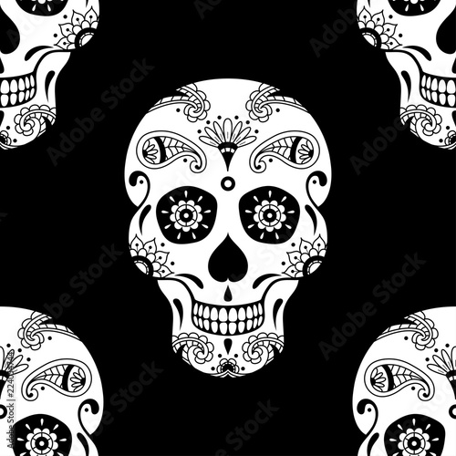 Vector seamless pattern of white sugar skull with floral ethnic ornament on black background. Illustration for Mexican Day of the Dead