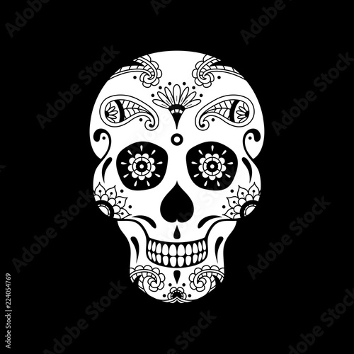 Vector white sugar skull with doodle floral pattern on black background. Illustration for Mexican Day of the Dead Celebration Festival