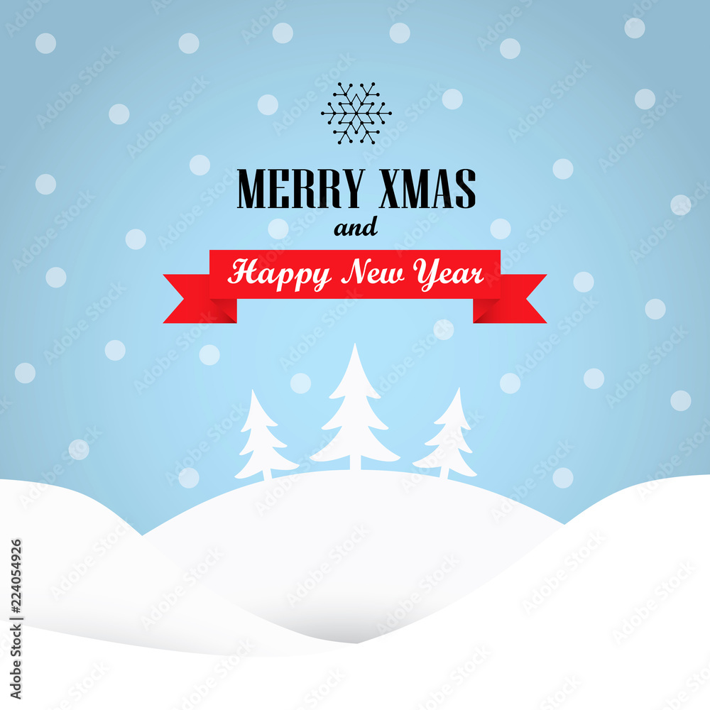 Cute winter holiday background with blue sky and snowflakes. Stylish Christmas and new year minimalistic vector illustration