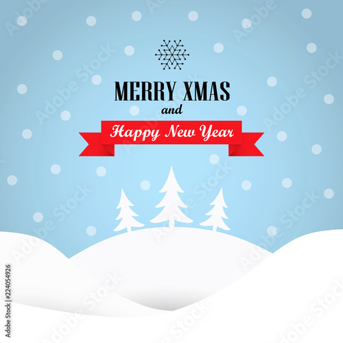 Cute winter holiday background with blue sky and snowflakes. Stylish Christmas and new year minimalistic vector illustration