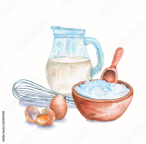 Watercolor still life with ingredients for dough making. Flour, milk, eggs, whisk