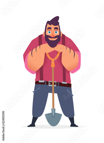 Chifull farmer holding farm shovel. Character design illustration.