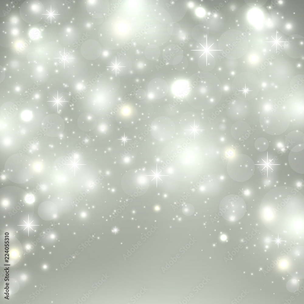 Fototapeta premium Silver light background. Christmas design with snow, snowflakes, sparkle stars, glitter. Winter holiday background with xmas decoration. Vector illustration