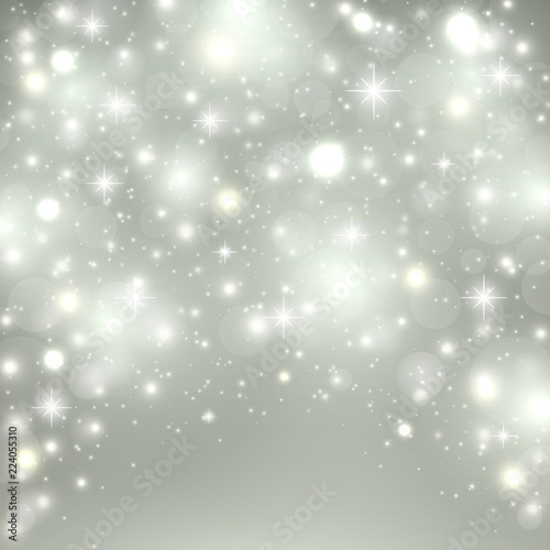 Silver light background. Christmas design with snow, snowflakes, sparkle stars, glitter. Winter holiday background with xmas decoration. Vector illustration