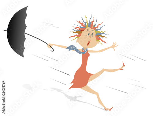 Strong wind, rain and woman with umbrella illustration. Whirlwind, rain and woman with umbrella isolated on white illustration
