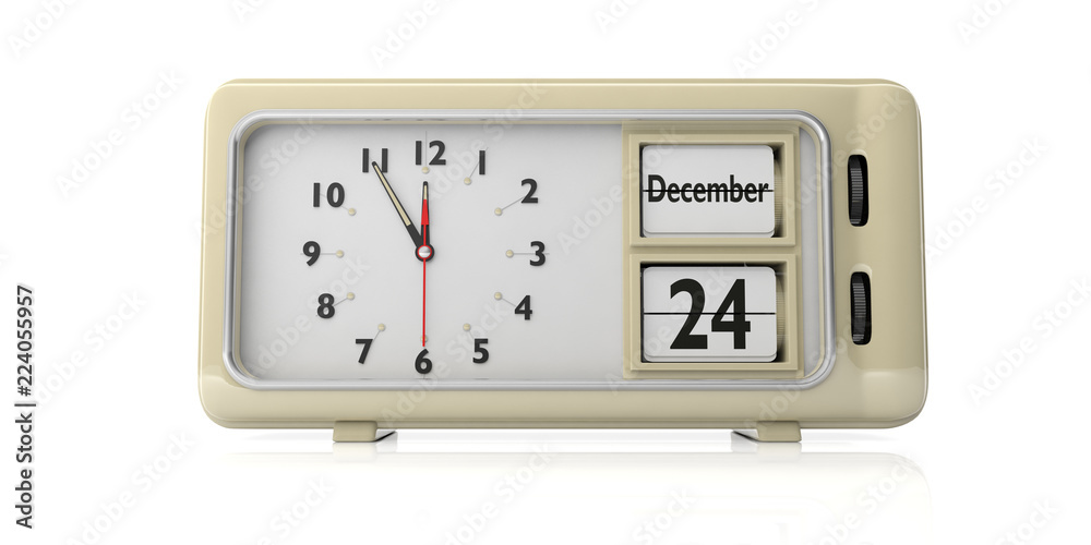 Retro alarm clock with Christmas eve date, December 24th isolated on white background. 3d illustration Retro alarm clock with Christmas eve date, December 24th isolated on white background. 3d illustration