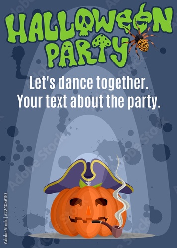 A poster for a holiday party with a pumpkin pirate in a hat