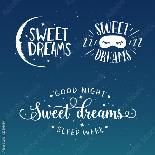 Sweet dreams good night typography set. Vector vintage illustration.