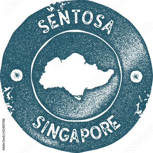 Sentosa map vintage stamp. Retro style handmade label, badge or element for travel souvenirs. Blue rubber stamp with island map silhouette. Vector illustration.