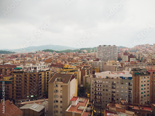 Aerial view Sants-Montjuic residential district from helicopter. Barcelona photo