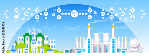 Eco-friendly suburb with smart factory