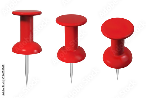 Realistic red push pins set. Isolated vector illustration.