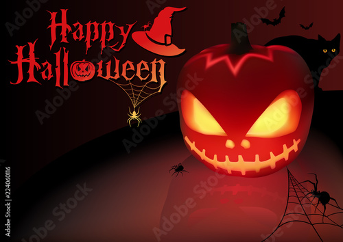 Halloween Background with Lightning Pumpkin and Silhouetted Spiders and Black Cat with Glowing Eyes - Colored Illustration, Vector