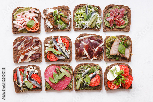 Assortment open faced sandwiches smorrebrod sandwiches top view