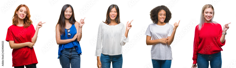 Collage of group of beautiful Chinese, asian, african american, caucasian women over isolated background with a big smile on face, pointing with hand and finger to the side looking at the camera. Collage of group of beautiful Chinese, asian, african american, caucasian women over isolated background with a big smile on face, pointing with hand and finger to the side looking at the camera.