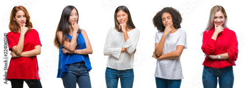 Collage of group of beautiful Chinese, asian, african american, caucasian women over isolated background looking confident at the camera with smile with crossed arms and hand raised on chin. Thinking © Krakenimages.com