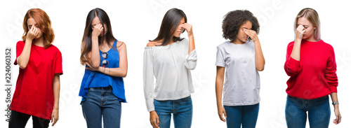 Collage of group of beautiful Chinese  asian  african american  caucasian women over isolated background tired rubbing nose and eyes feeling fatigue and headache. Stress and frustration concept.