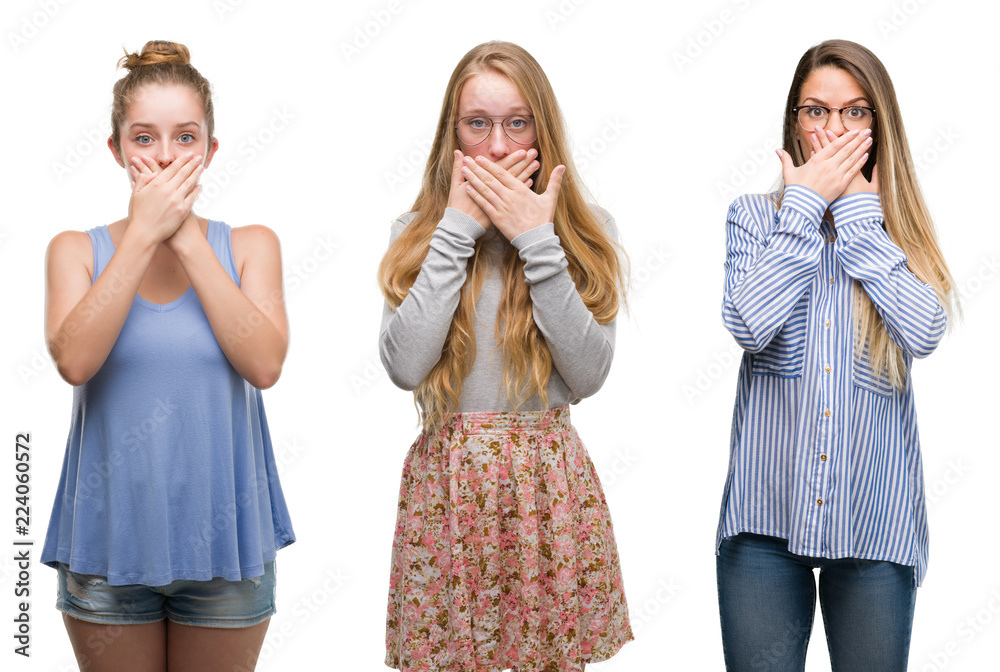 Collage of group of blonde women over isolated background shocked covering mouth with hands for mistake. Secret concept. Collage of group of blonde women over isolated background shocked covering mouth with hands for mistake. Secret concept.