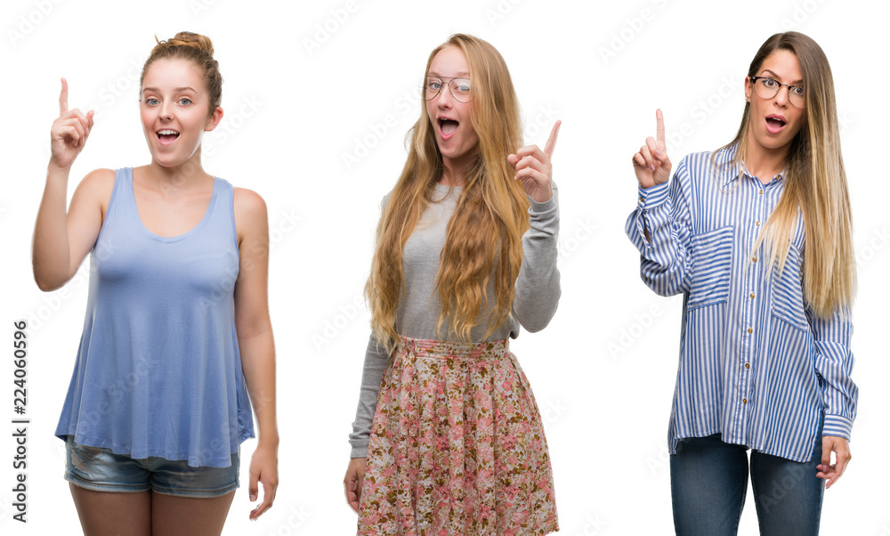 Collage of group of blonde women over isolated background pointing finger up with successful idea. Exited and happy. Number one. Collage of group of blonde women over isolated background pointing finger up with successful idea. Exited and happy. Number one.