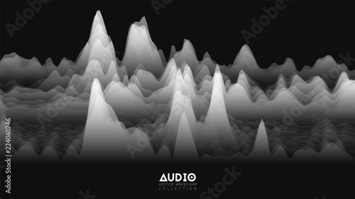 Vector 3d echo audio wavefrom spectrum. Abstract music waves oscillation graph. Futuristic sound wave visualization. Black and white glowing impulse pattern. Synthetic music technology sample.