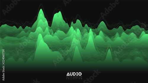 Vector 3d echo audio wavefrom spectrum. Abstract music waves oscillation graph. Futuristic sound wave visualization. Green glowing impulse pattern. Synthetic music technology sample.