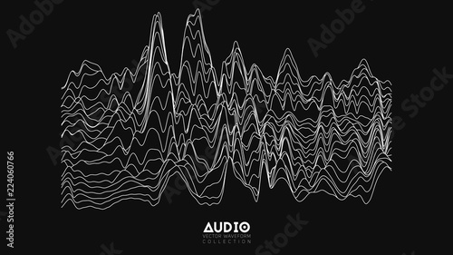 Vector echo audio wavefrom spectrum. Abstract music waves oscillation graph. Futuristic sound wave visualization. Black and white line impulse pattern. Synthetic music technology sample.