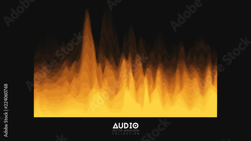Vector 3d echo audio wavefrom spectrum. Abstract music waves oscillation graph. Futuristic sound wave visualization. Orange glowing impulse pattern. Synthetic music technology sample.